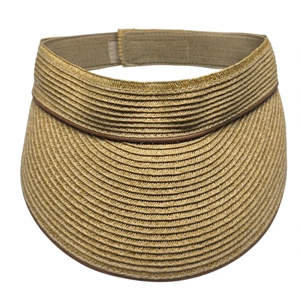 Nine West Straw Sun Visor Hat Tan Brown‎ Woven Adjustable Hook Loop One Size