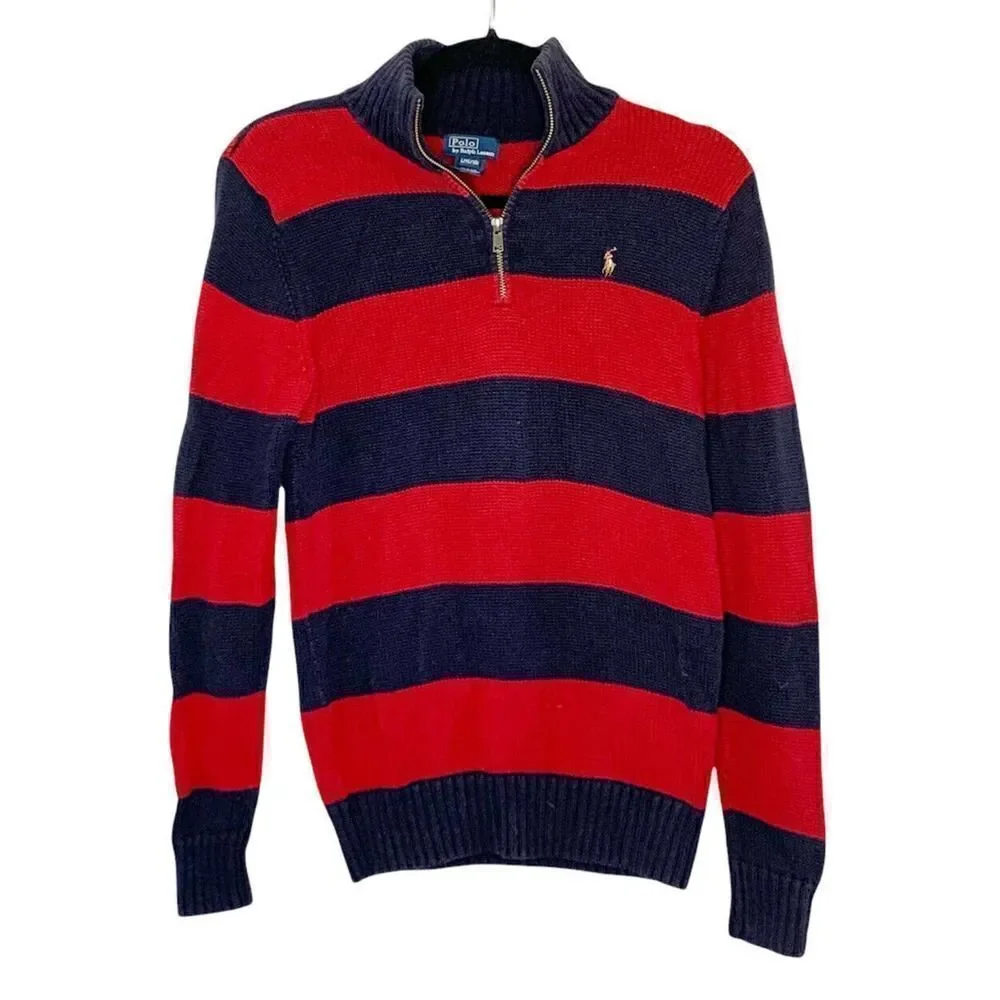 Ralph Lauren Polo Boy’s 1/4 Zip Navy Blue & Red Cotton Sweater Size Large 16-18