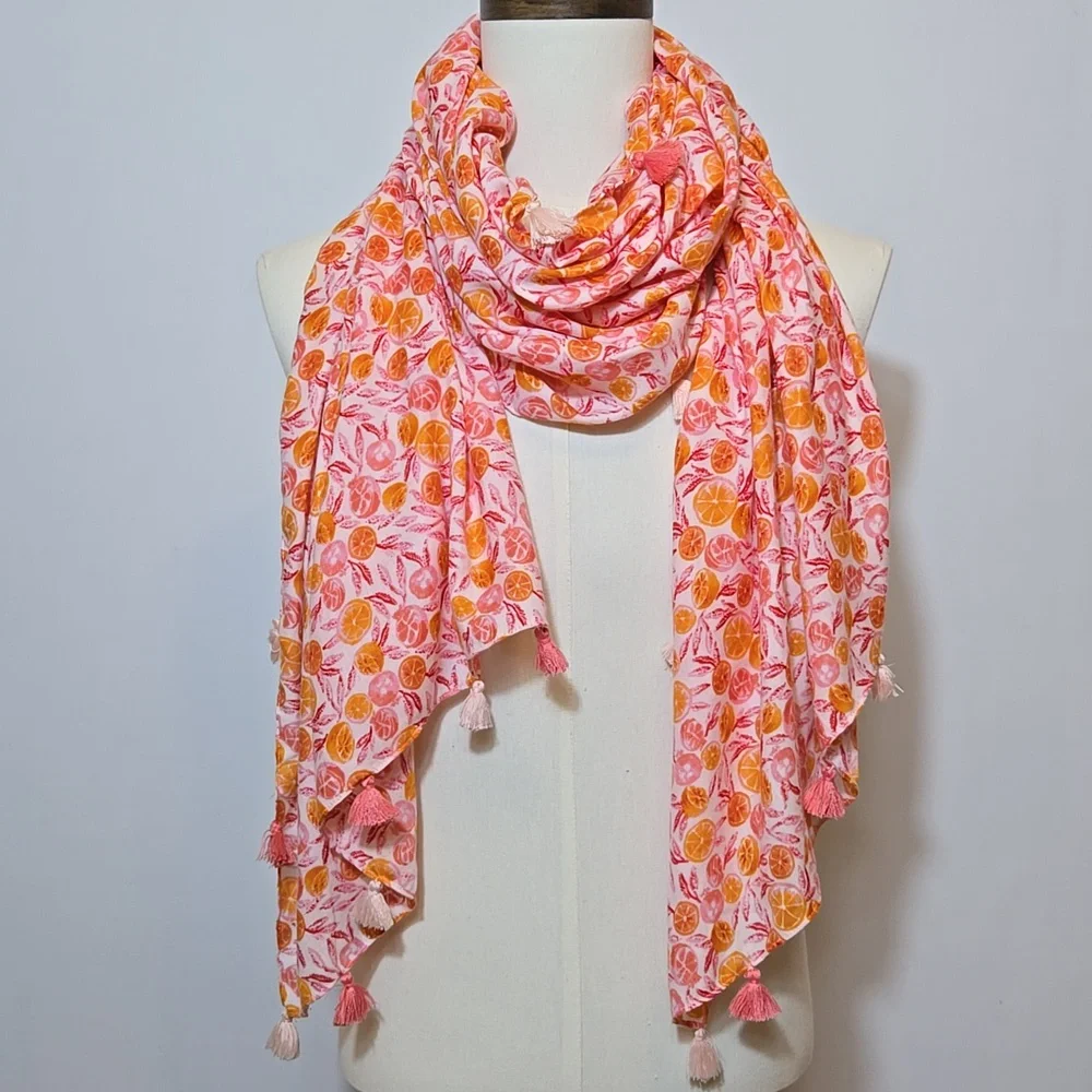 J. Crew Citrus Fruit Print Tassel Wrap Scarf Oranges Grapefruit Summer‎ Spring