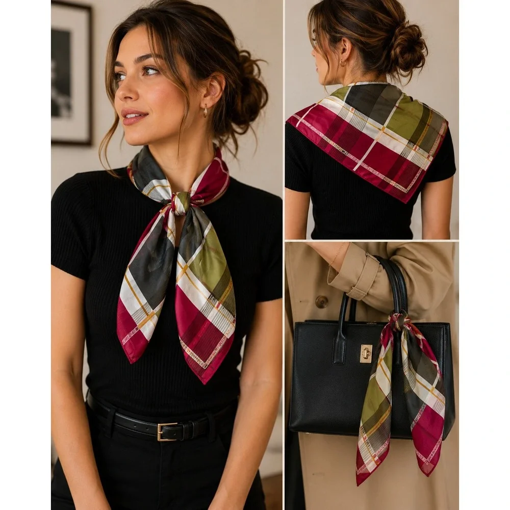 Vintage‎ Silk Plaid Square Scarf Red Black Olive Geometric Sheer Neck Wrap