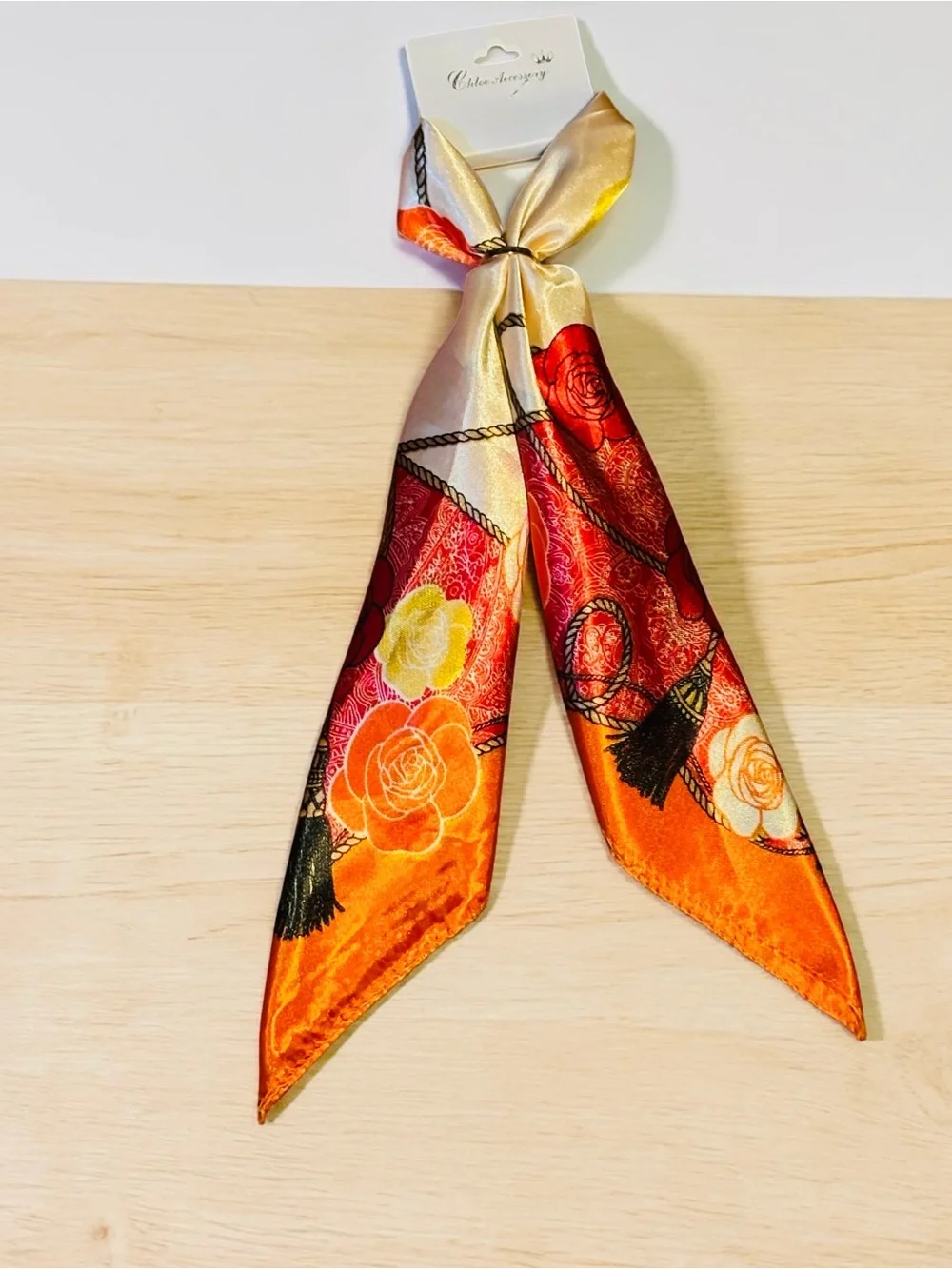 Floral Satin Skinny‎ Scarf Hair Tie in Orange & Red - Bag Scarf