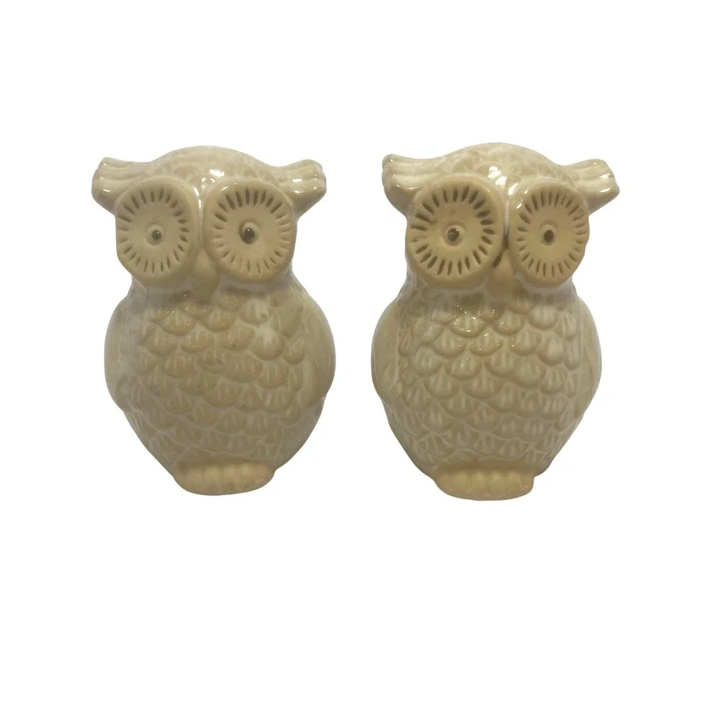 Vtg Style Owl Salt‎ Pepper Shakers Beige Ceramic Pair Mid Century Retro  Decor