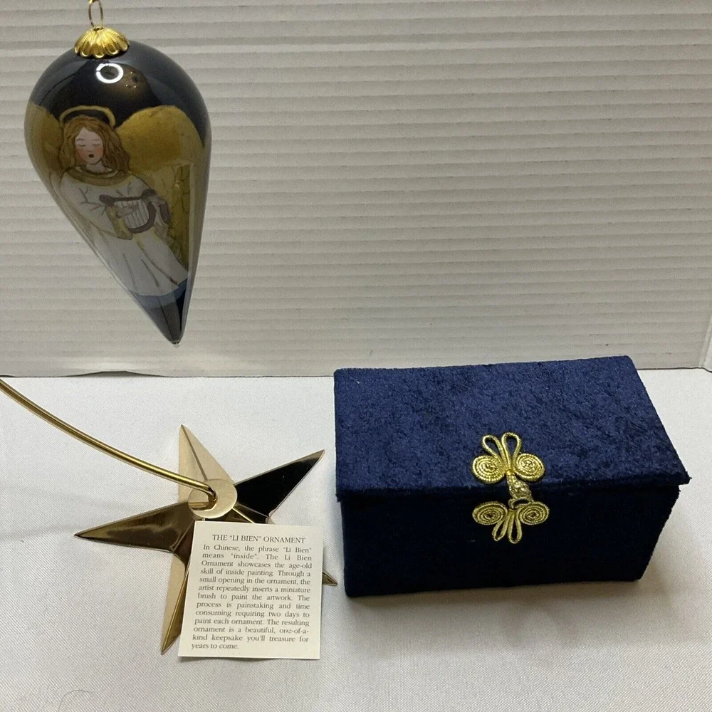 LI BIEN Christmas Angel Glass Ornament Reverse Painting Original‎ Blue Box