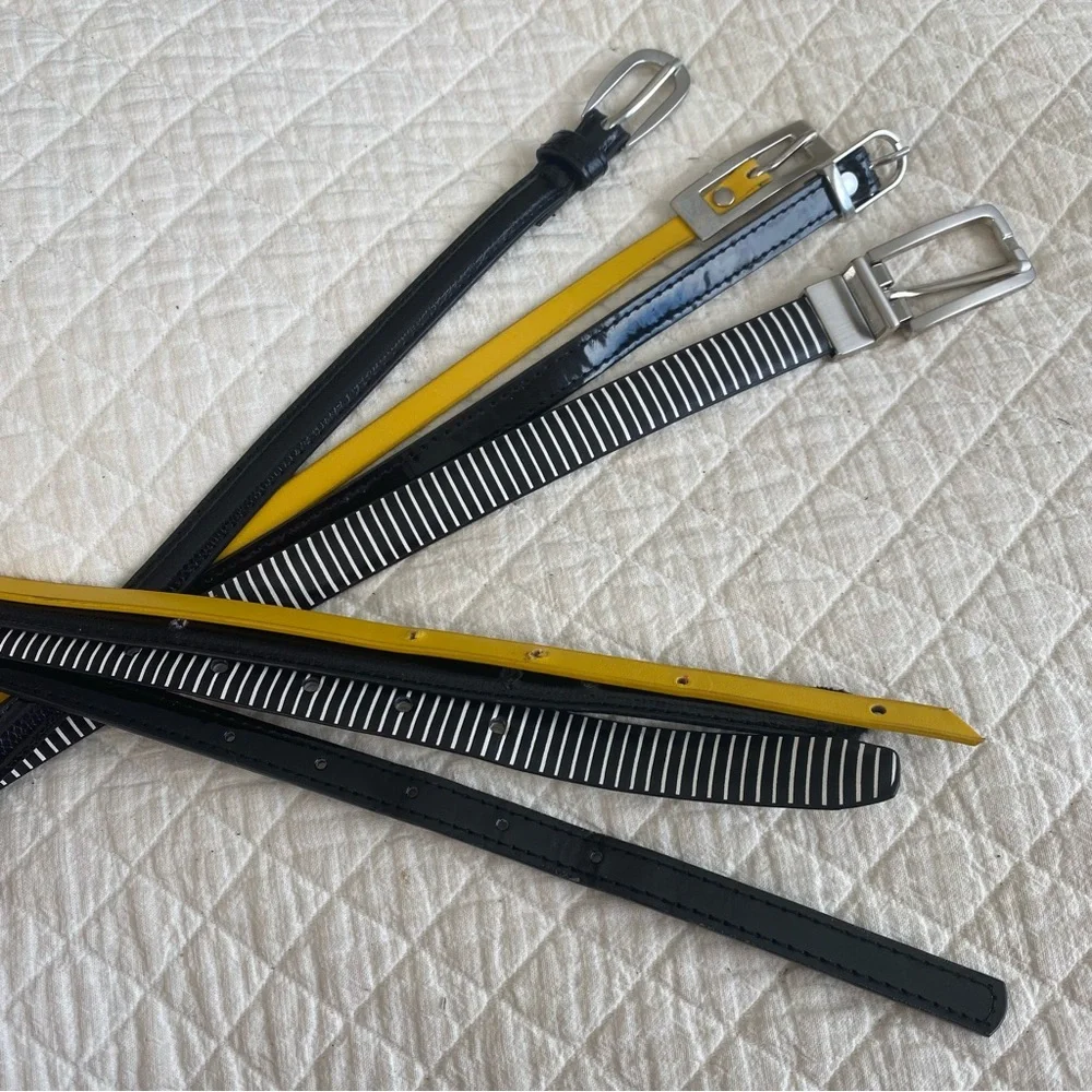 Bundle of 4 Classic Skinny Belts black, striped, yellow silver-tone buckle 30”