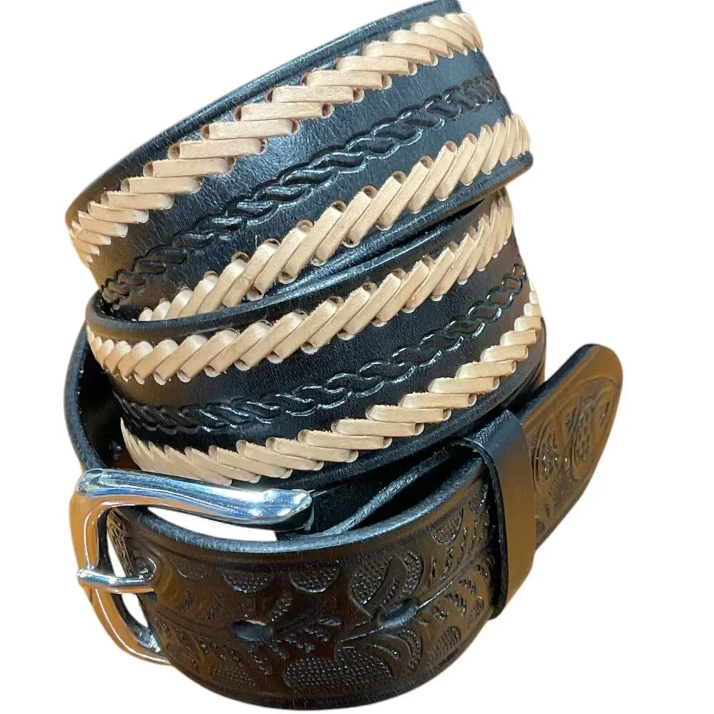 Black Leather‎ Mens 36 Western Belt Tan Brown Stitching Southwest Rodeo Cowboy