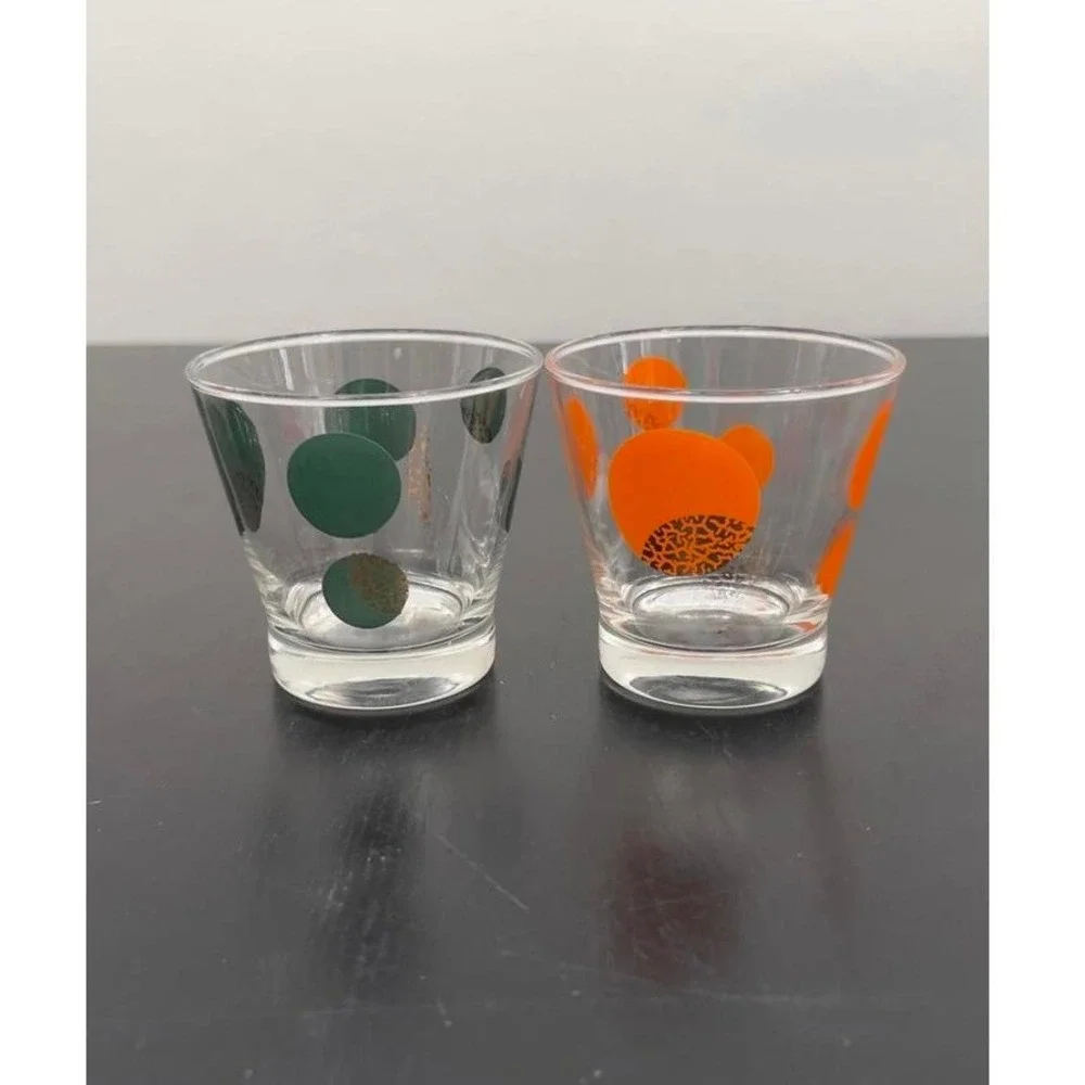 Rocks Glasses Orange Green Gold Polka Dot MCM‎ Set of 2