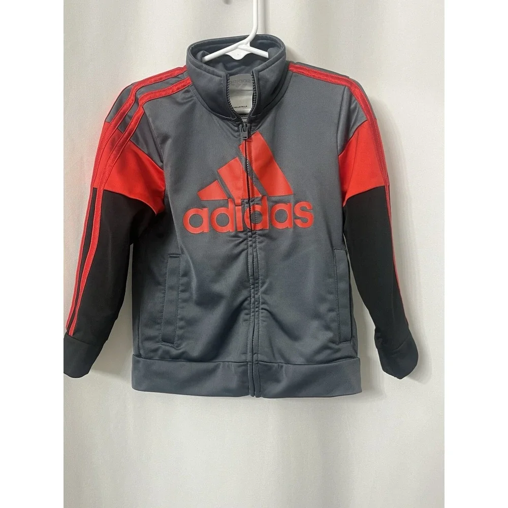 Adidas Jacket Boy Toddler 3T Full Zip High Neck 3 Lines‎ Grey Red Black (B9)