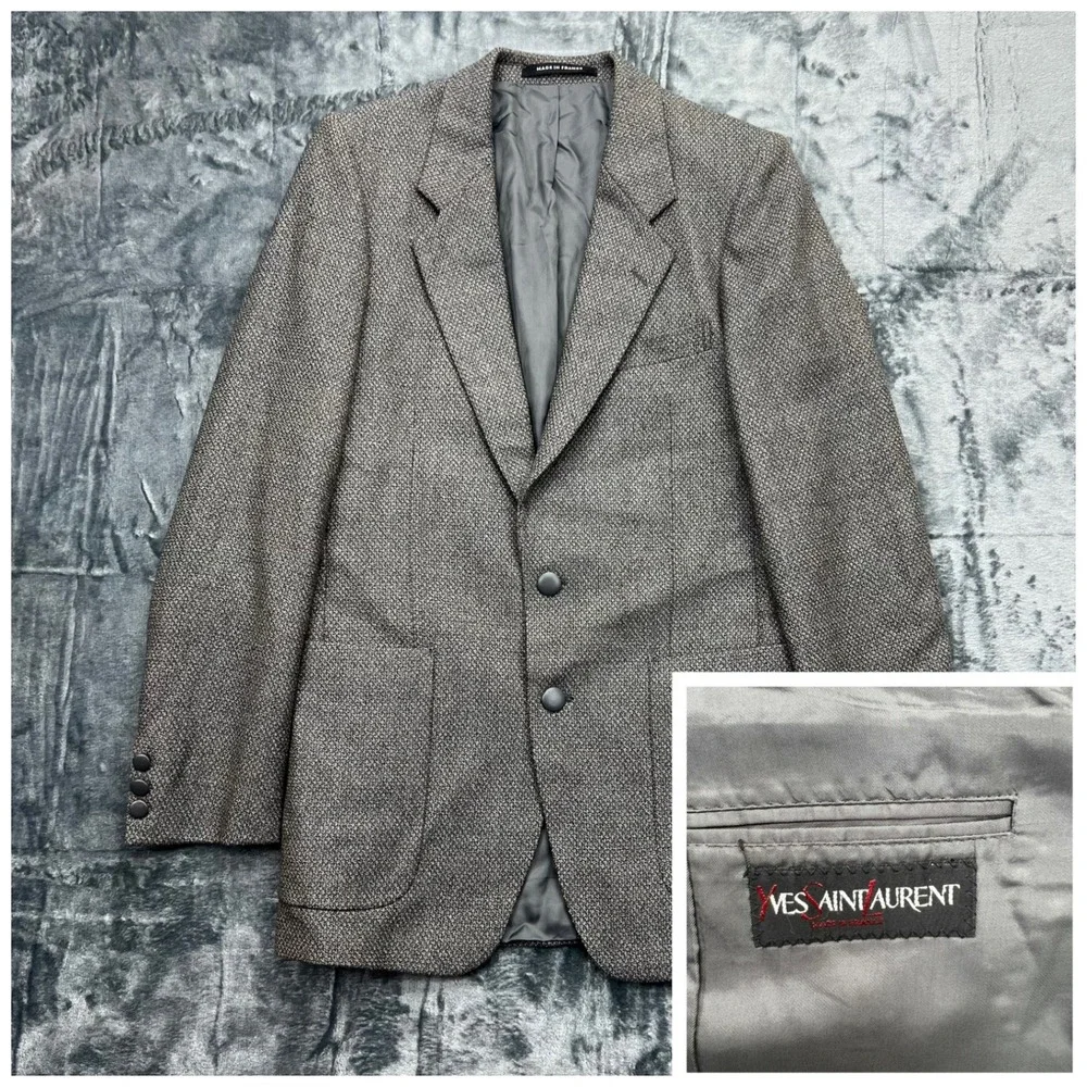 VTG Yves Saint Laurent France Men's 100% Virgin Wool Grey 36 Tweed‎ Blazer Coat