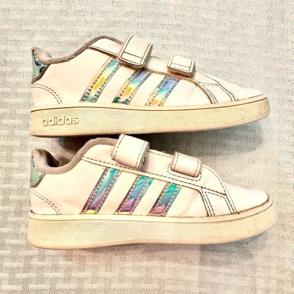Adidas Advantage‎ Shoes Toddler 9K White Iridescent Stripes Velcro Sneakers