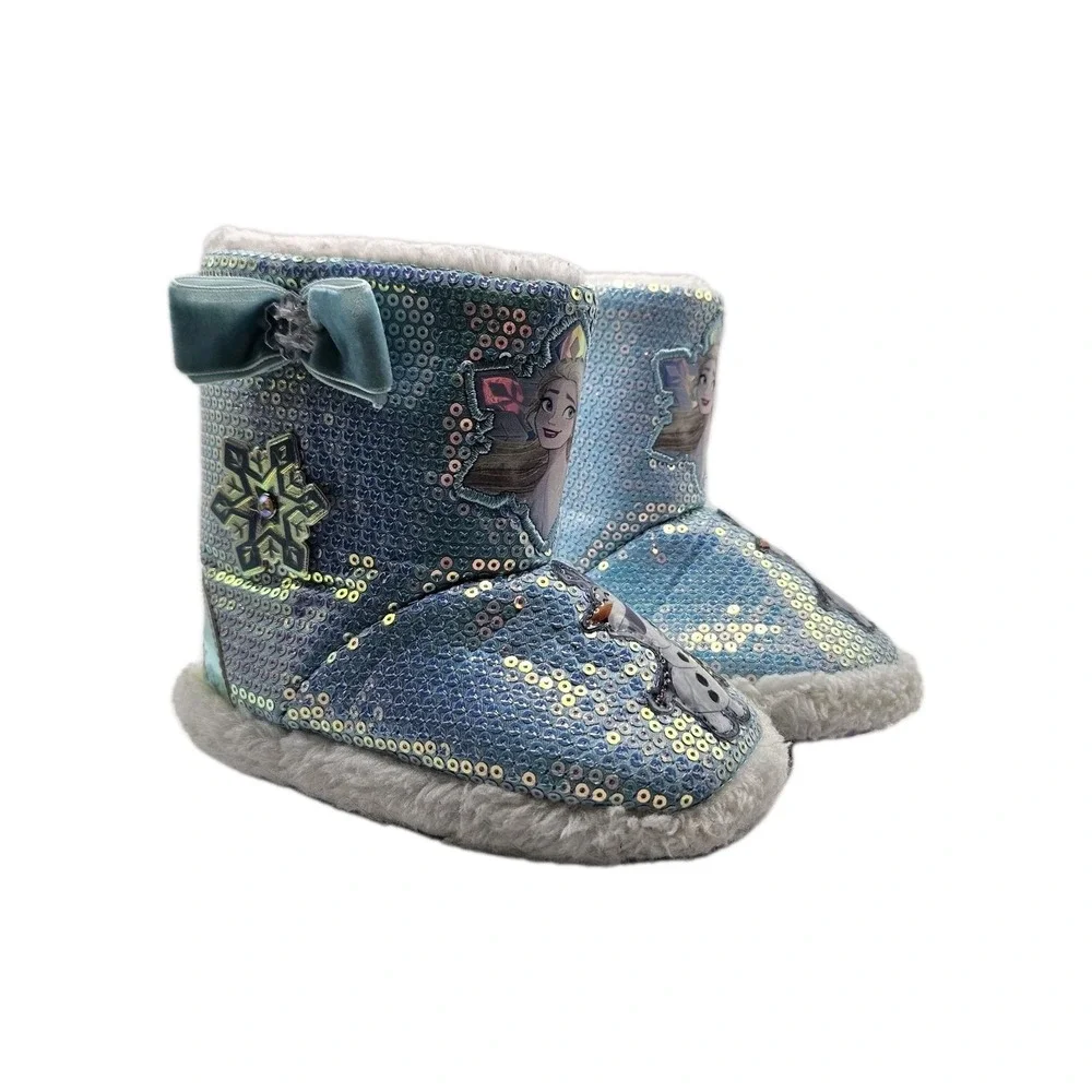 *Disney Frozen Blue Sequined Toddler Girls Slipper Booties Elsa‎ Olaf Sizes 7/8*