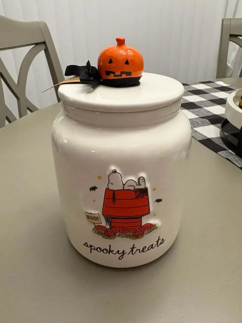 Rae Dunn Peanuts Snoopy Spooky Treats Canister with Pumpkin Lid