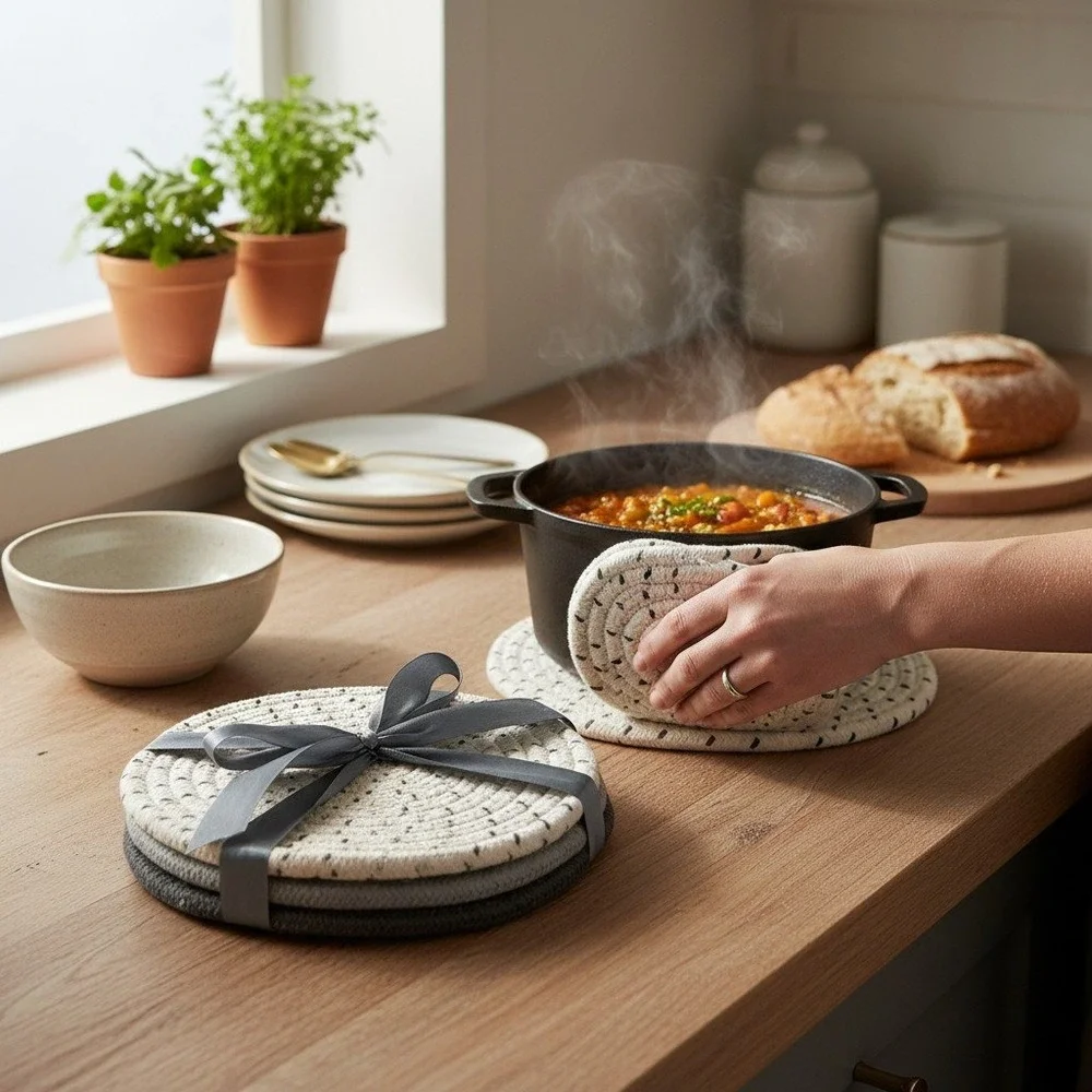Set of 3 Braided Cotton Pot Holders Trivets Gray 7in Kitchen Hot Pads New