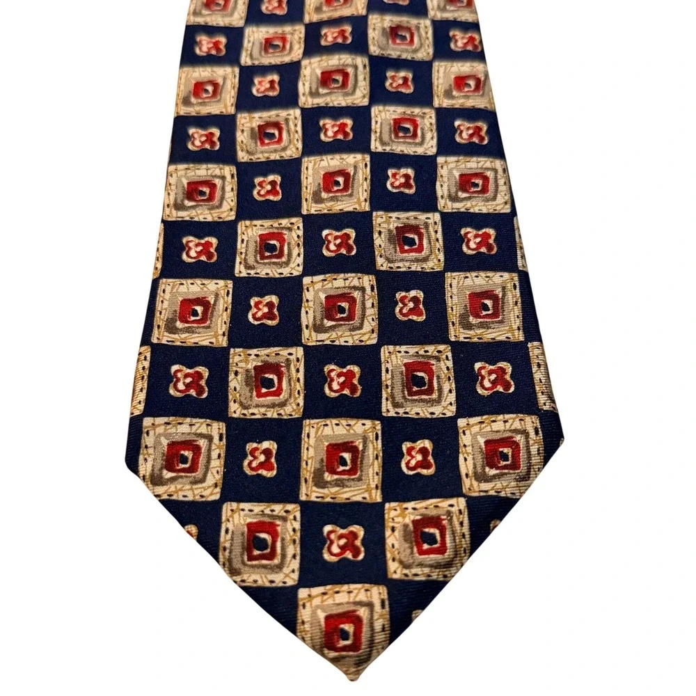 Brooks Brothers Silk Tie Tan Navy Blue Red‎ Geometric Square Preppy Classic