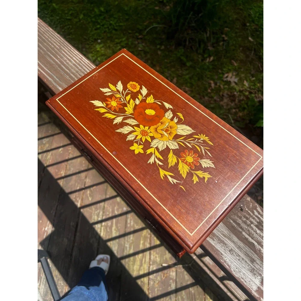 Vtg 70s Floral Wood Jewelry Box‎ Retro Cottagecore Mirror Drawer