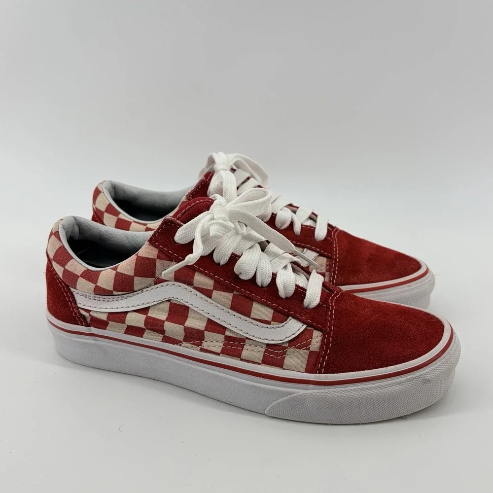 VANS OLD SKOOL CHECKERBOARD M 5.5/W 7 SUEDE‎ SKATEBOARD SHOES RED WHITE
