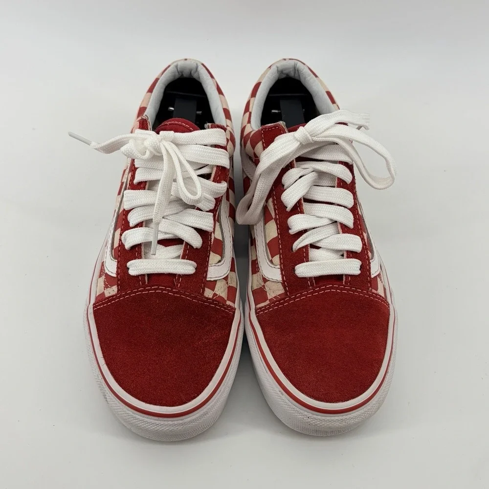 VANS OLD SKOOL CHECKERBOARD M 5.5/W 7 SUEDE‎ SKATEBOARD SHOES RED WHITE