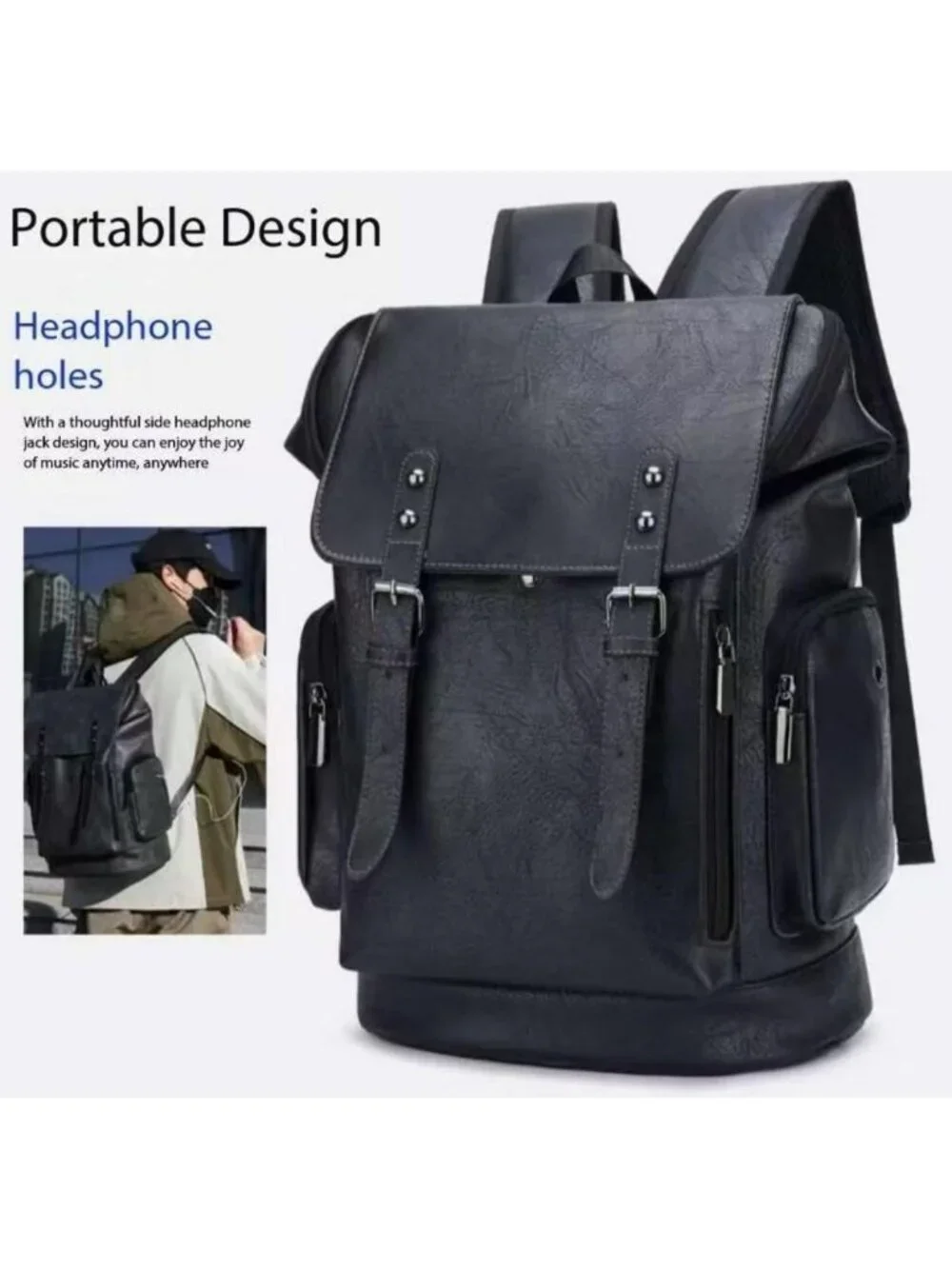 Vintage PU Leather Backpack for Men, Flap Cover Daypack for Work & Travel, 15