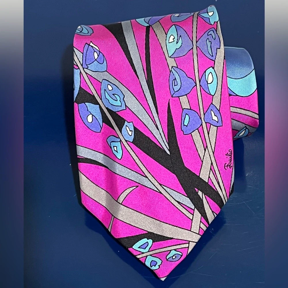 Emilio Pucci Floral Mens Tie Roland’s Silk Blue Pink Black Purple Vintage Italy