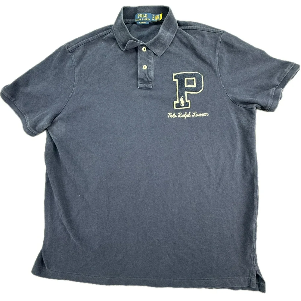 Polo Ralph Lauren Polo Shirt Mens XL Navy Blue Classic Fit‎ Letterman Patch