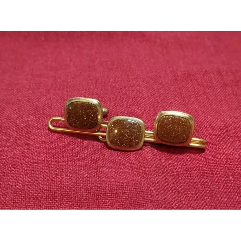 Vintage‎ Mid Century Correct Quality Gold Tone W/Goldstone Tie Bar & Cuff Links