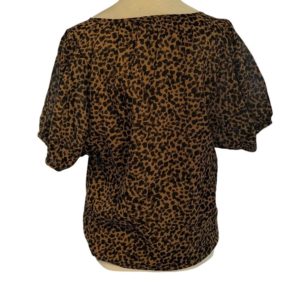 Madewell Blouse Women‎ S Brown Leopard Print Puff Sleeve Button Front Cotton Top