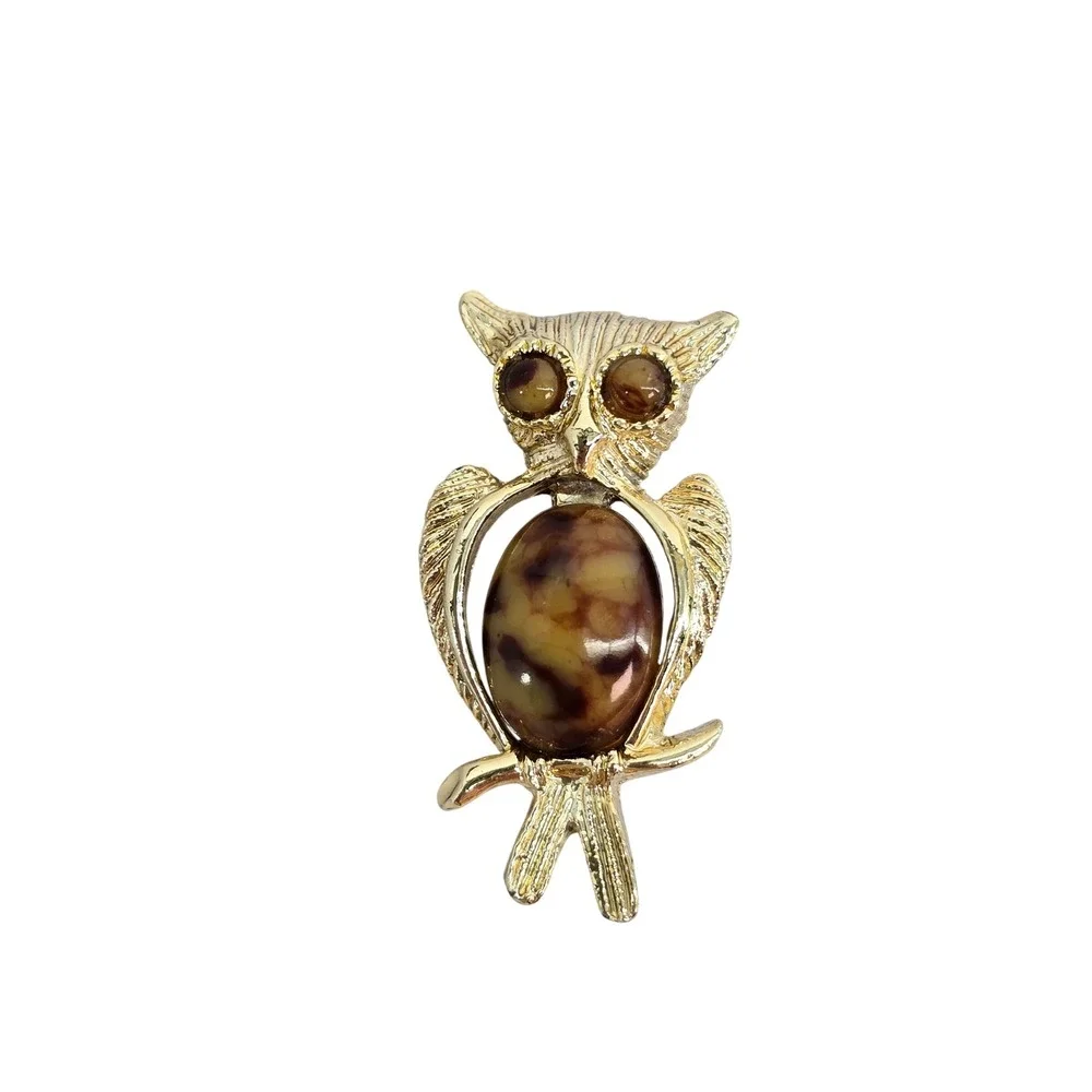 Vintage Gold Tone Owl Brooch Faux Amber Tortoiseshell Cabochon Bird Pin 1.5