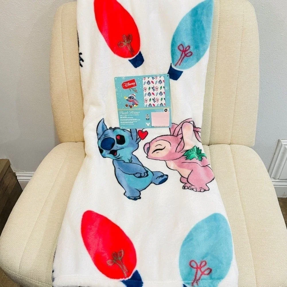 NEW Disney Stitch and Angel Christmas Plush Throw‎ Blanket Holiday Lights 50x70