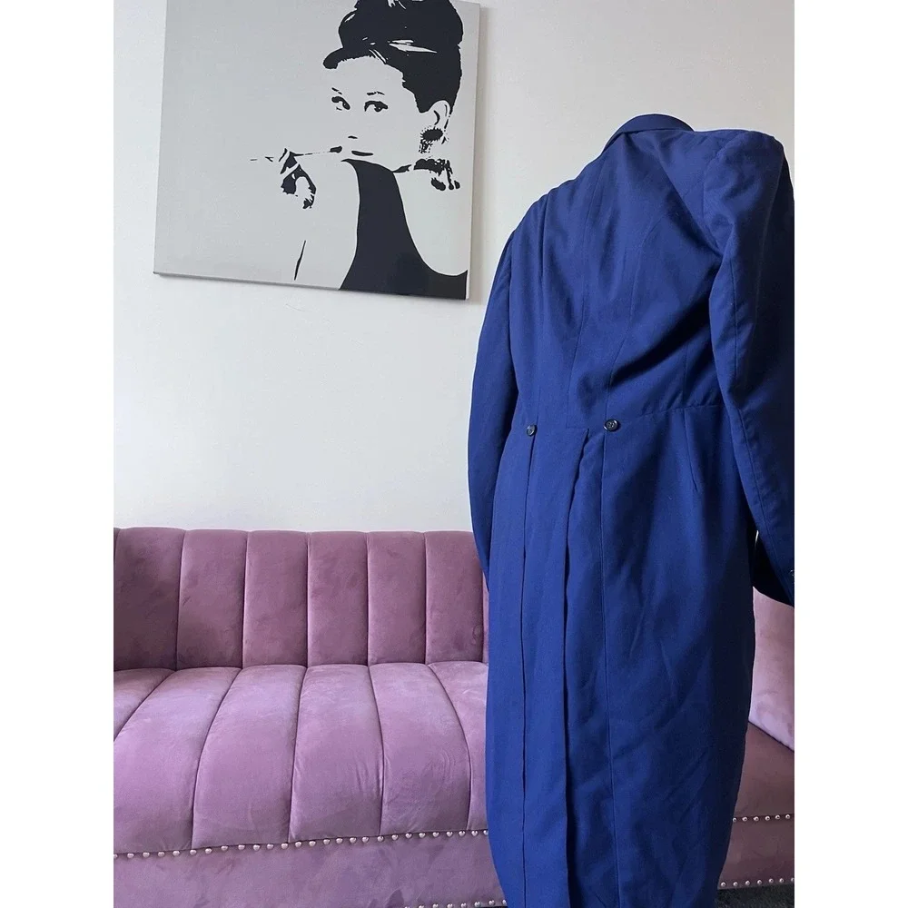 Vintage Royal Blue Tailcoat Formal Evening Jacket Black Satin Lapel Costume