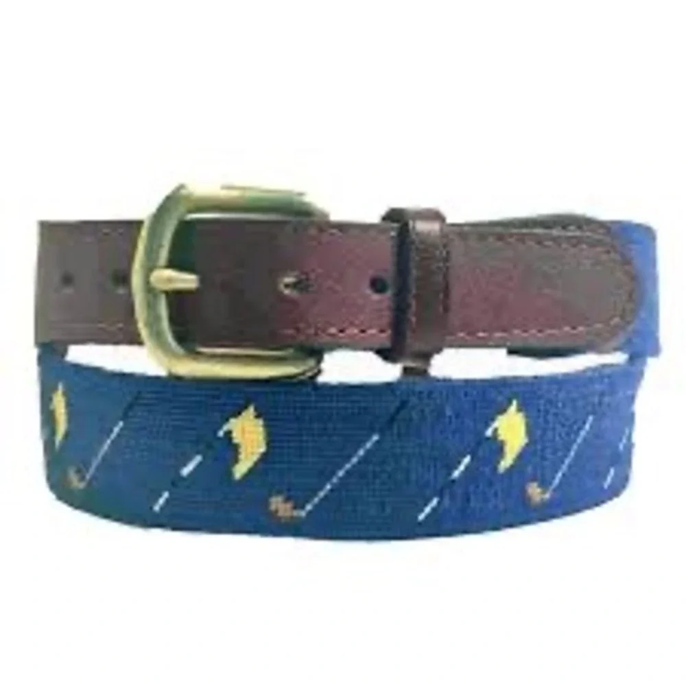 Smathers & Branson Mens Needlepoint Golf Belt Navy Blue Leather Size 36