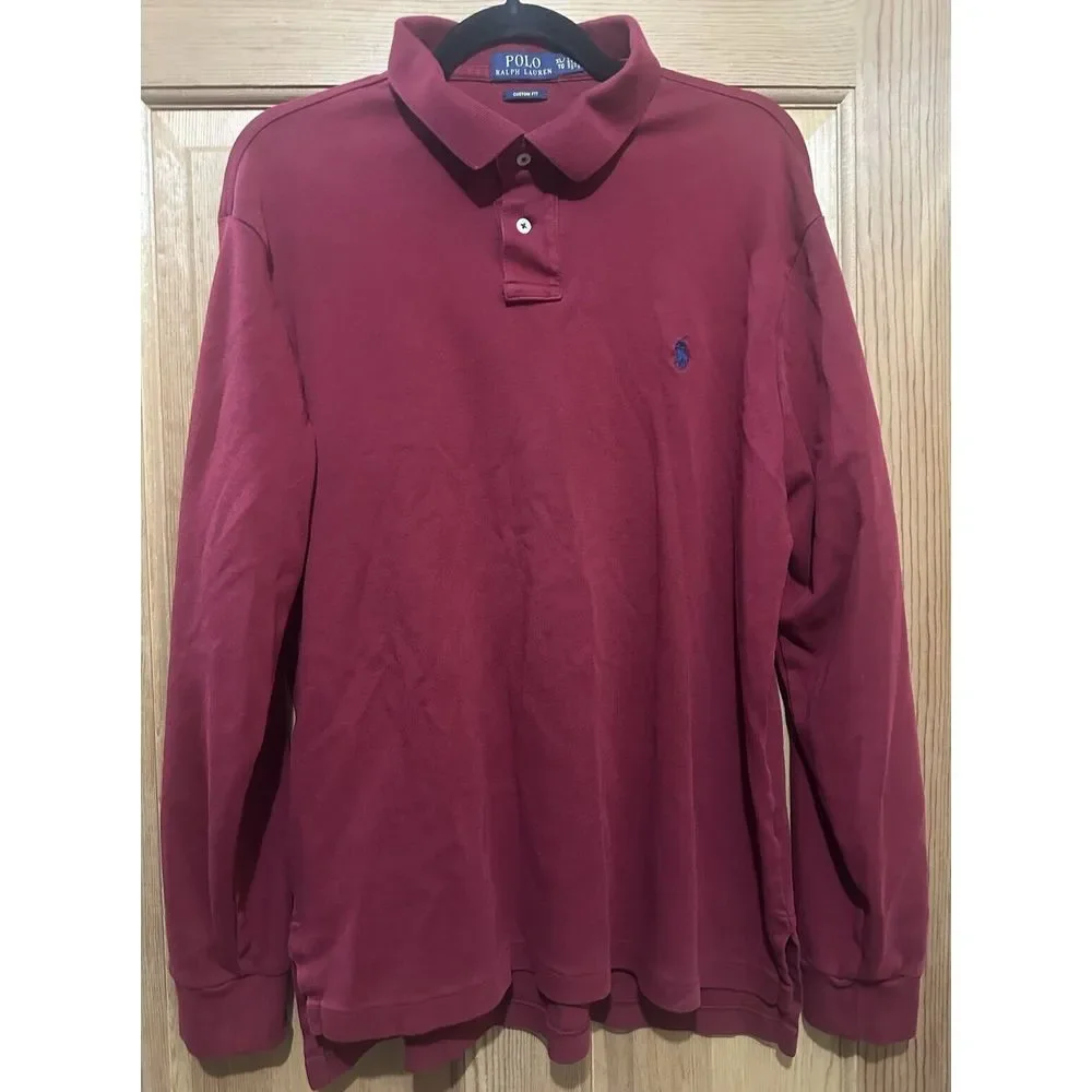 Polo Ralph Lauren Men's Polo Long Sleeve Rugby Shirt Cotton Burgundy XL‎ EUC