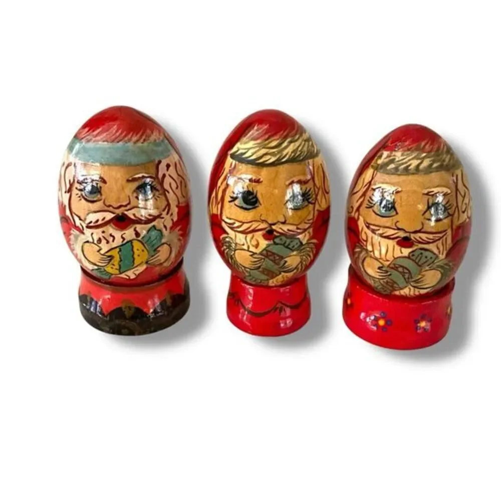 Vintage Hand Painted Wood Egg Folk Art Santa Claus St Nikolas European Set of 3
