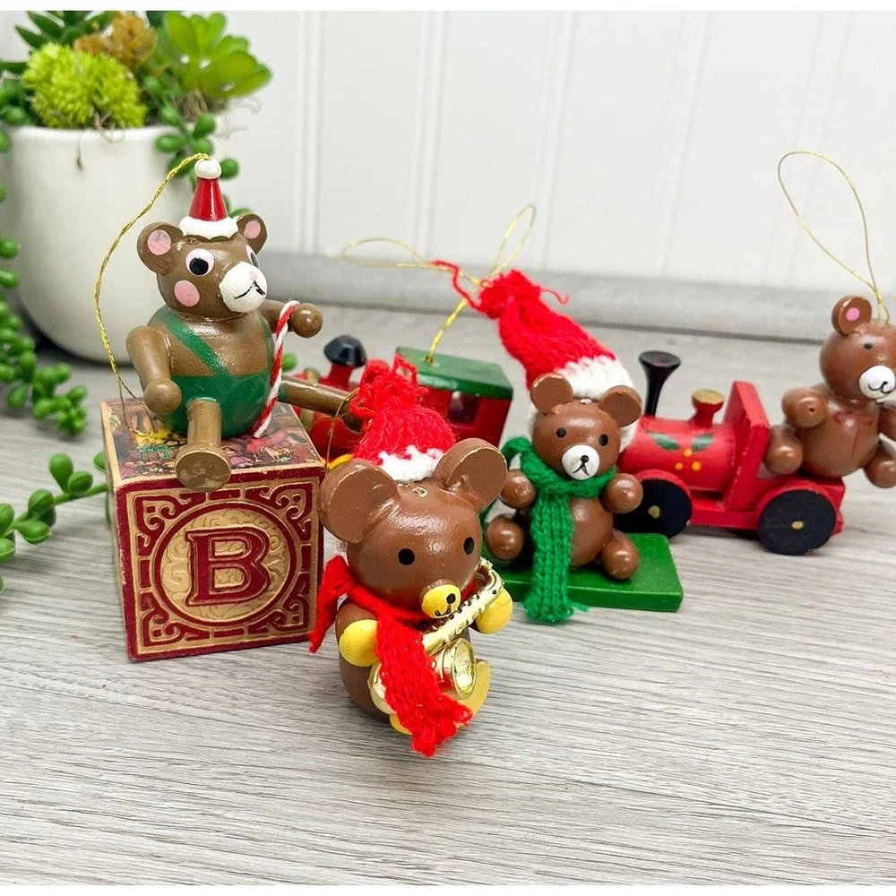 Vintage Wooden Christmas‎ Ornaments, Teddy Bear & Train Ornaments Set of 6