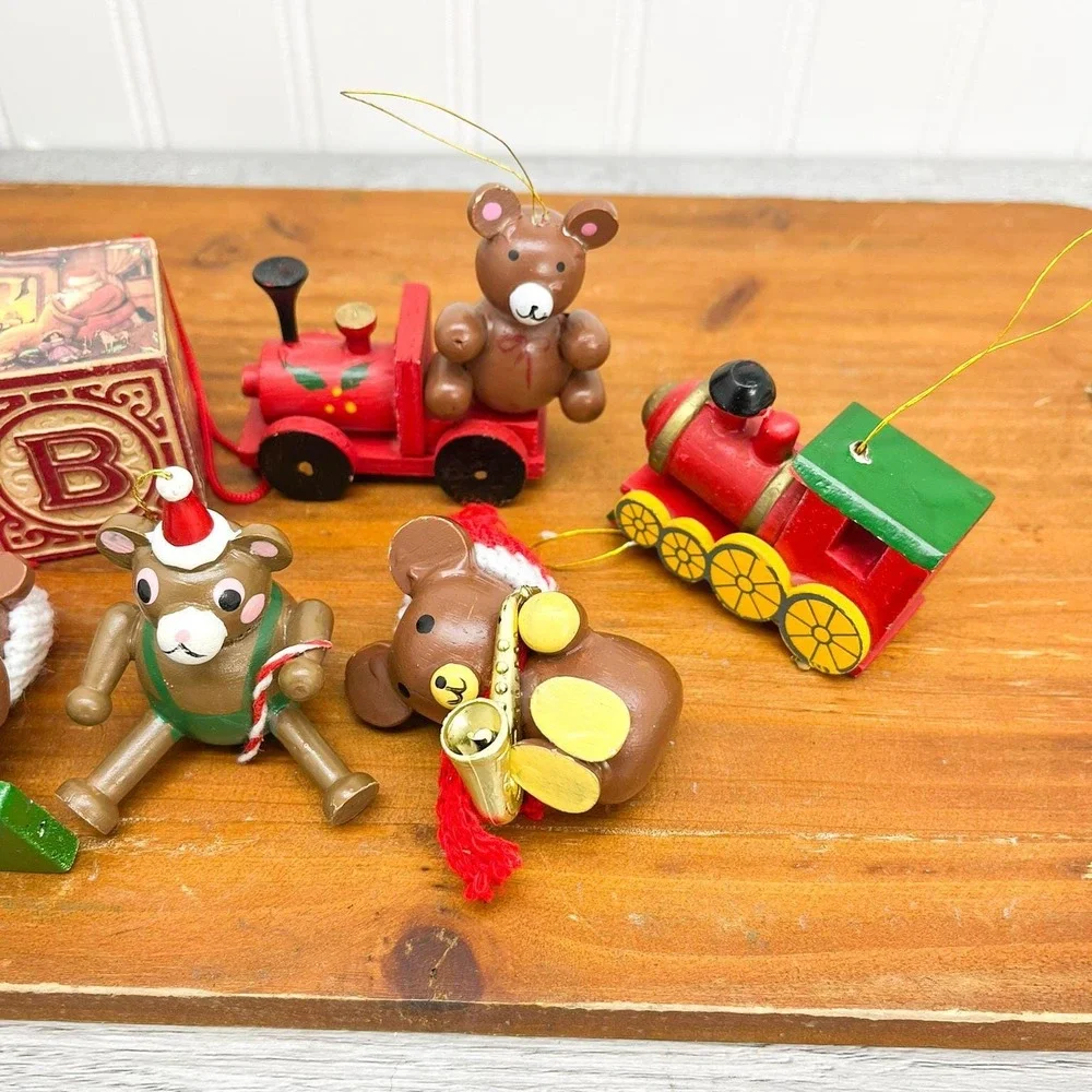 Vintage Wooden Christmas‎ Ornaments, Teddy Bear & Train Ornaments Set of 6