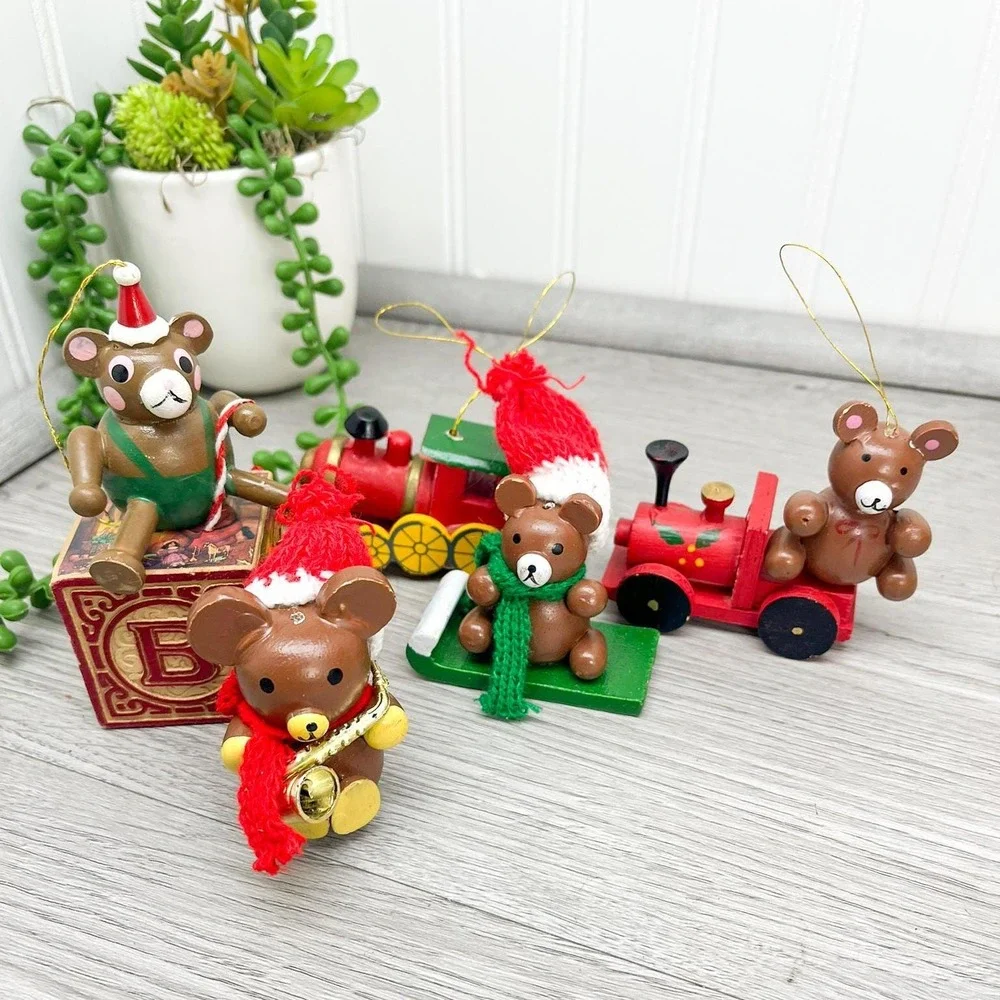 Vintage Wooden Christmas‎ Ornaments, Teddy Bear & Train Ornaments Set of 6