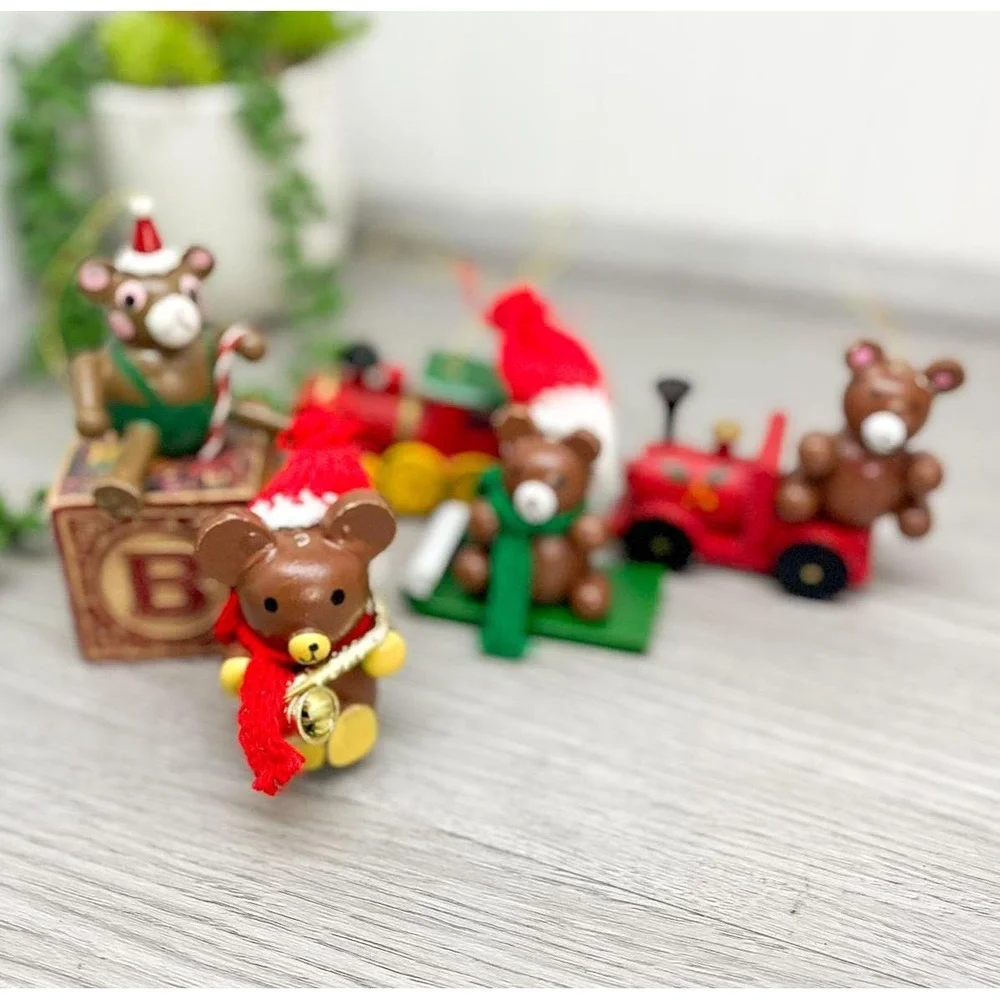 Vintage Wooden Christmas‎ Ornaments, Teddy Bear & Train Ornaments Set of 6