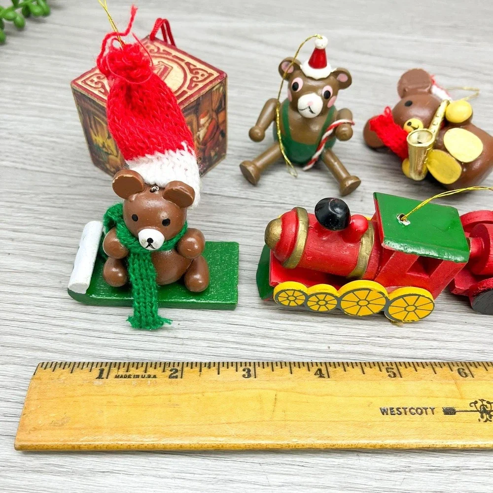 Vintage Wooden Christmas‎ Ornaments, Teddy Bear & Train Ornaments Set of 6