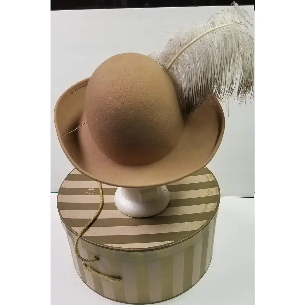 Vintage Ladies Hat Wool Felt Ostrich Feather Doeskin George Bollman Co & Box