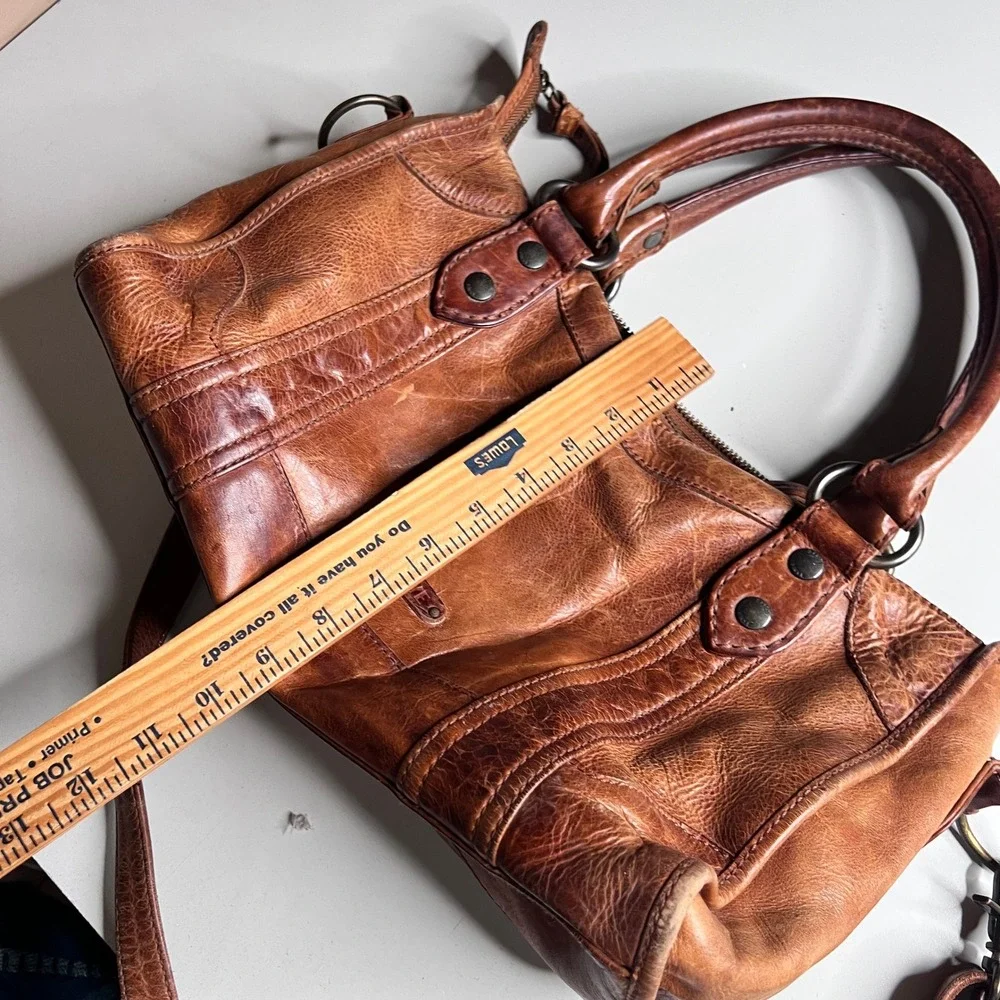 Frye‎ Melissa Satchel Cognac Brown Leather Crossbody Handbag Distressed Medium