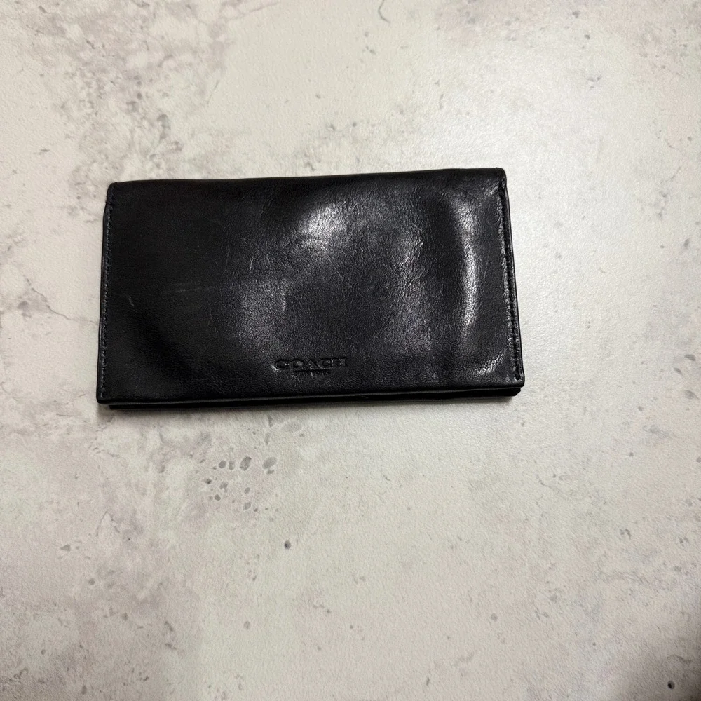 Coach Vintage Long Bifold Wallet Mens Black Good Leather Slim Blue Interior Logo