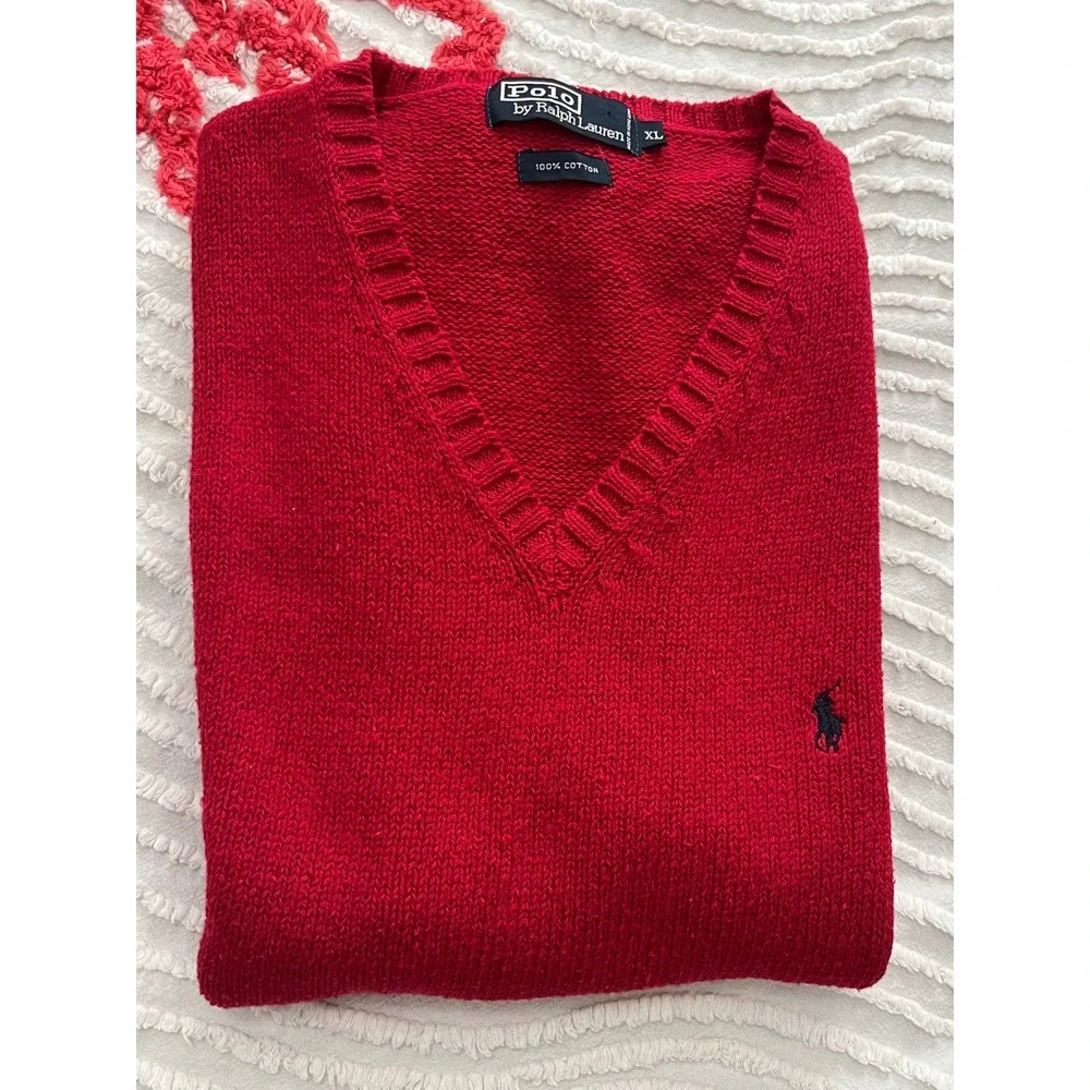 Polo Ralph Lauren Mens XL Red V-Neck 100% Cotton Knit Sweater Vest Navy Pony
