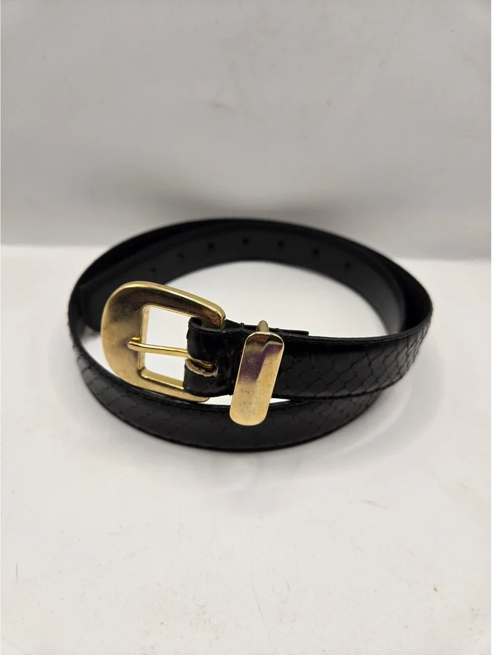 VTG 80s Genuine Snakeskin Leather Belt Black Gold Buckle Womens Size M 4144