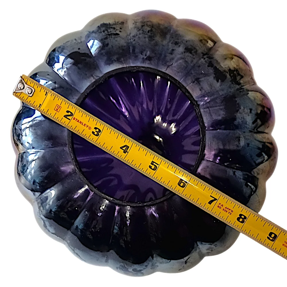 Glass Iridescent Halloween Pumpkin Carnival Hand Blown Stem Purple Black Harvest
