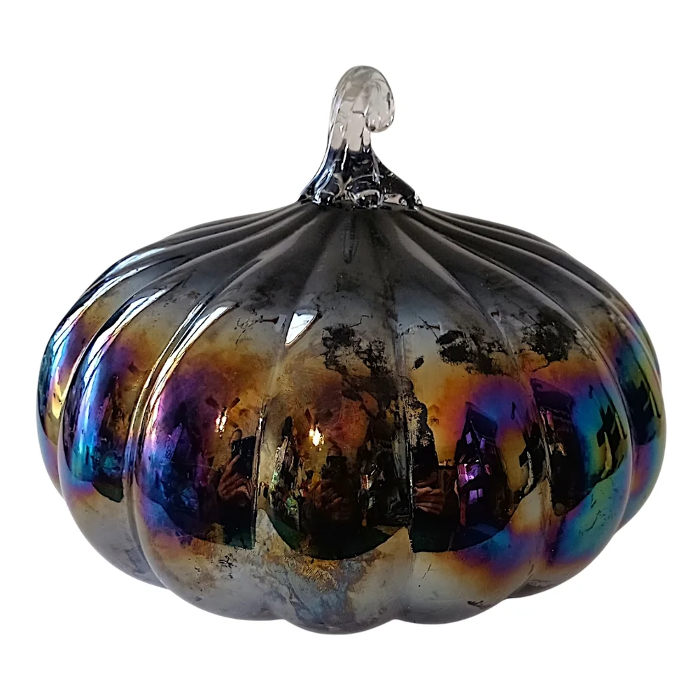 Glass Iridescent Halloween Pumpkin Carnival Hand Blown Stem Purple Black Harvest