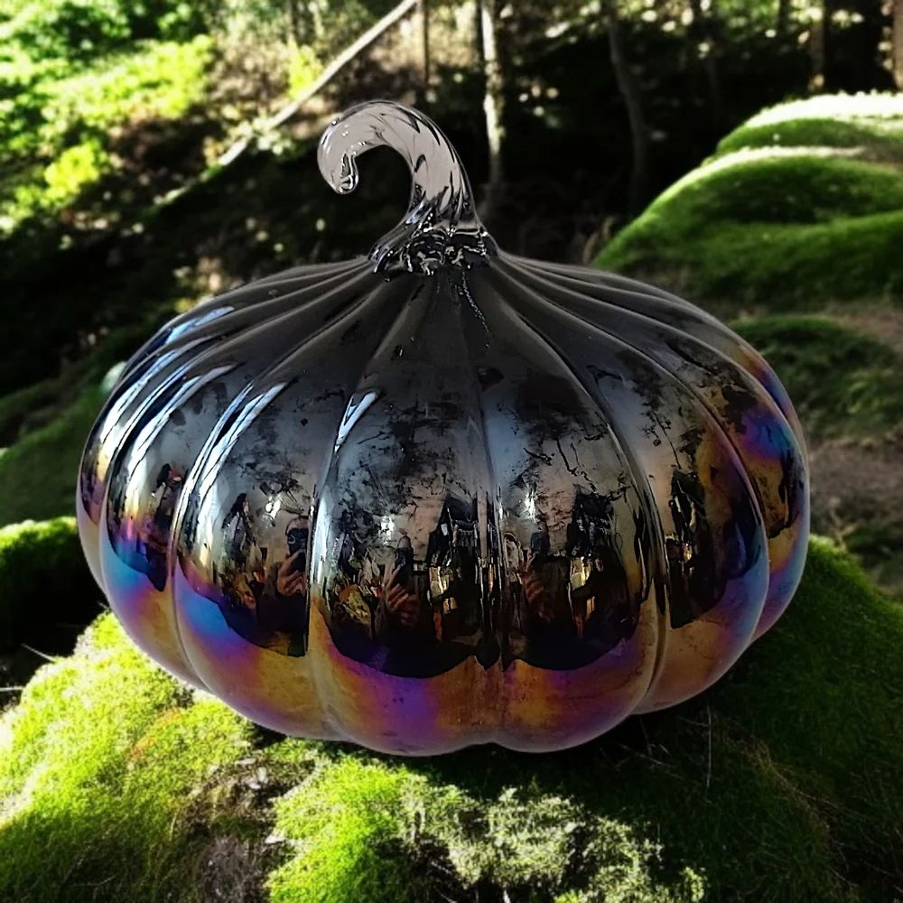 Glass Iridescent Halloween Pumpkin Carnival Hand Blown Stem Purple Black Harvest