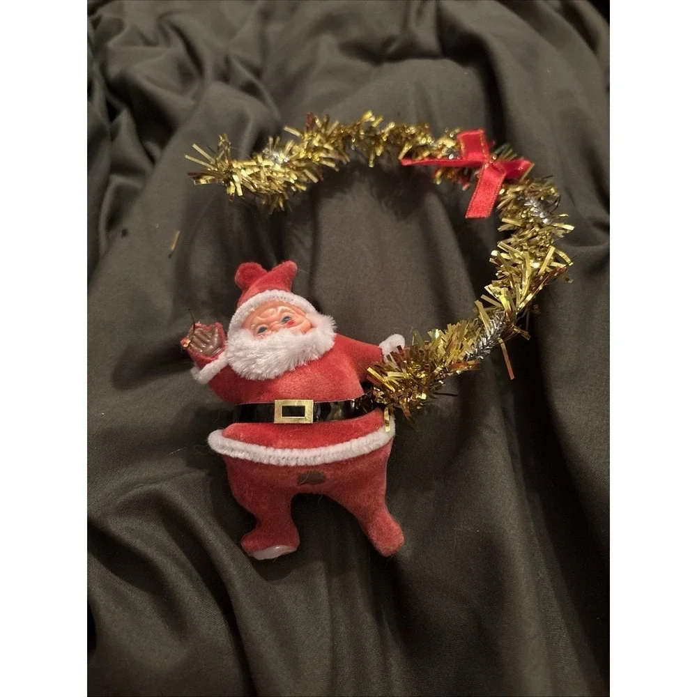 Vtg 1960s Flocked Dancing Santa Christmas Ornament Blow Mold Tinsel Door hanger‎