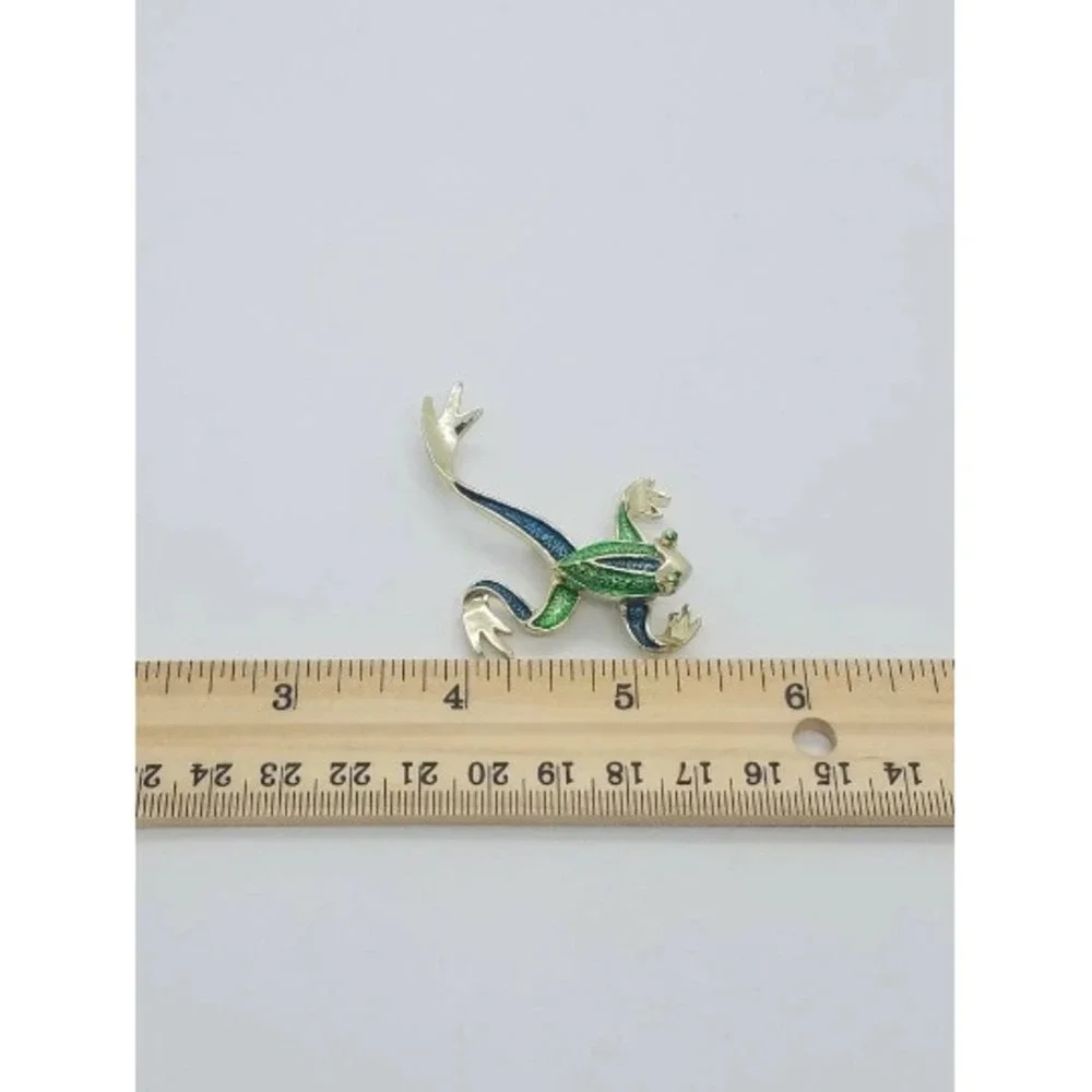 Vintage GERRY'S Stylized Jumping Leaping Frog Brooch‎ Pin Teal Enamel Gold Tone