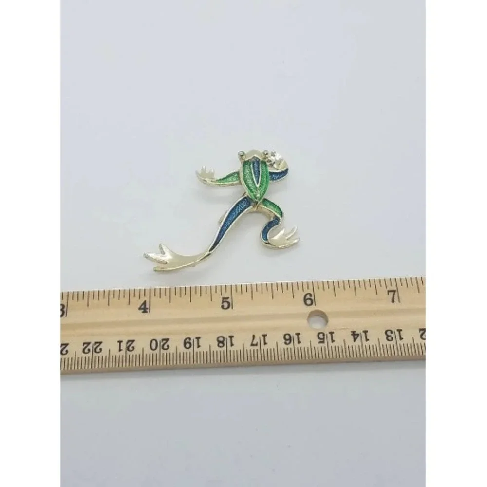 Vintage GERRY'S Stylized Jumping Leaping Frog Brooch‎ Pin Teal Enamel Gold Tone