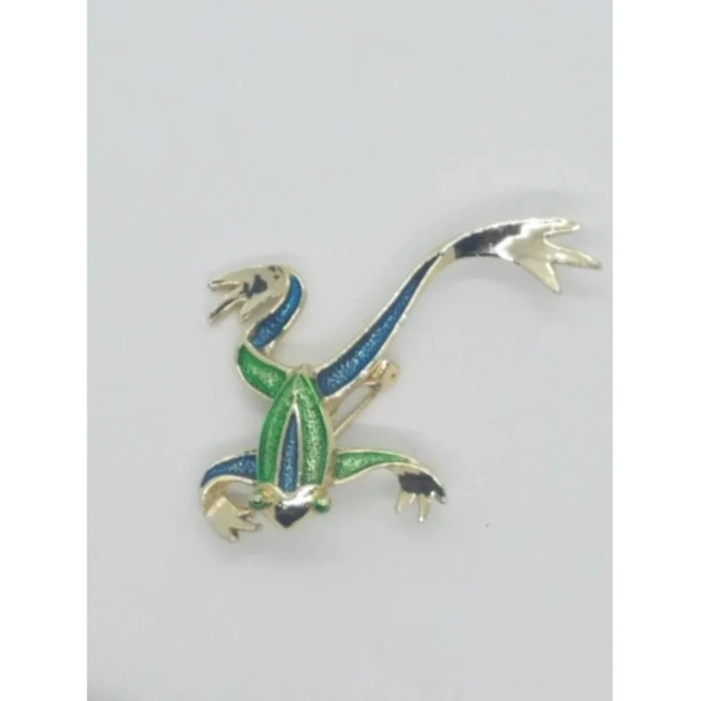 Vintage GERRY'S Stylized Jumping Leaping Frog Brooch‎ Pin Teal Enamel Gold Tone