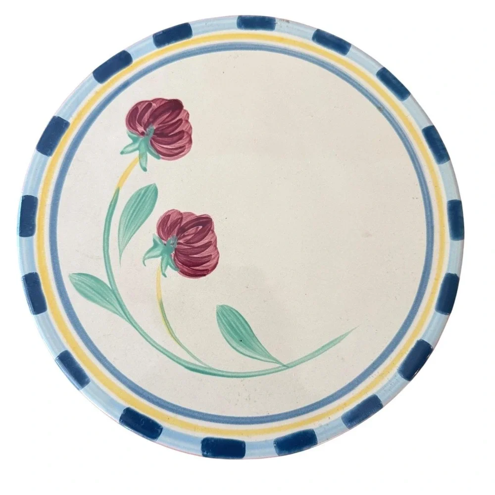 Lenox Poppies on Blue Terracotta Trivet 8 Inch Vintage Portugal Hand Painted