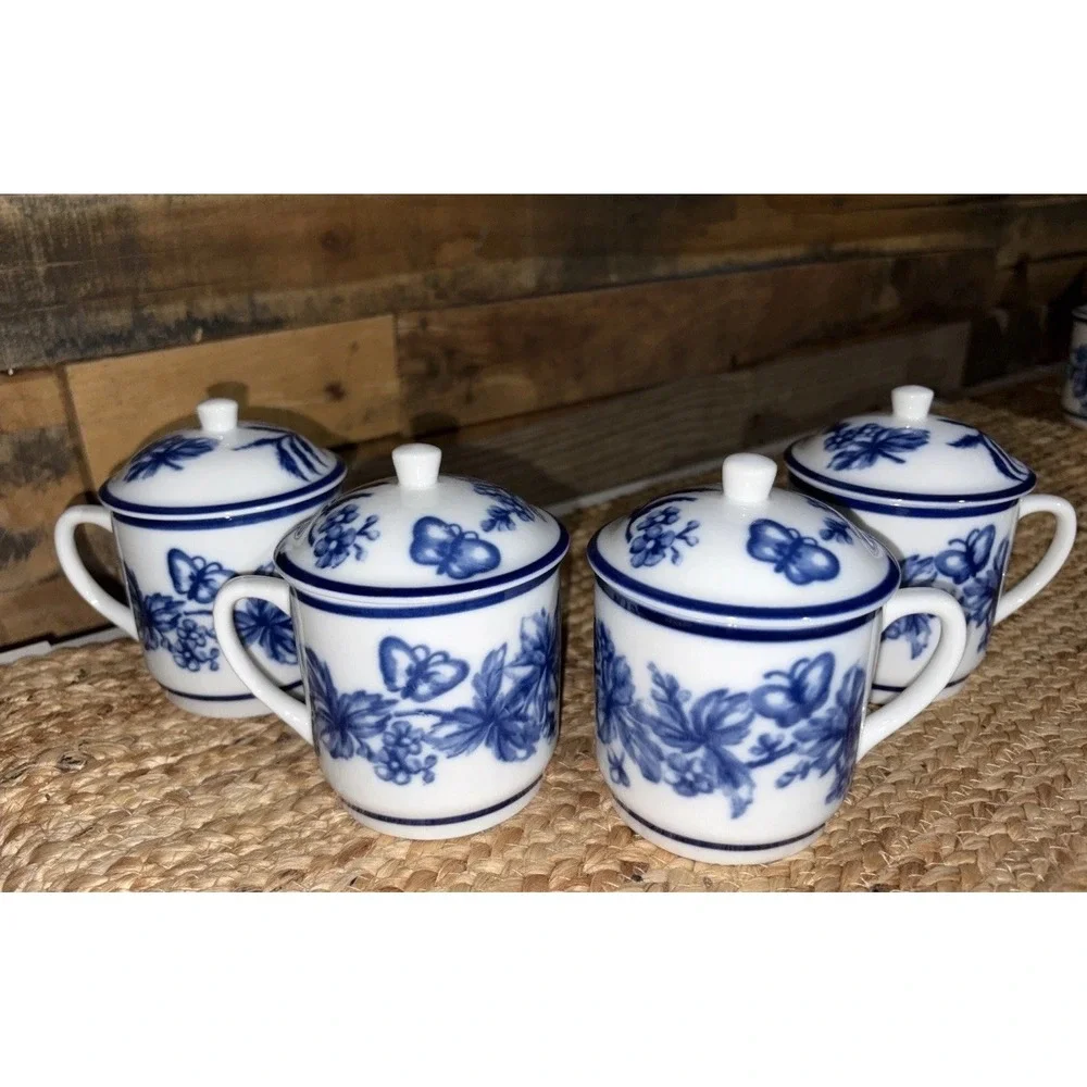4 Williams Sonoma Flow Blue White Floral Coffee Tea Cup Mug Lids Dishwasher Safe
